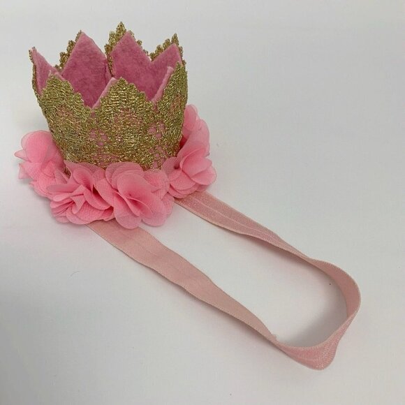 Baby First Birthday Hat Crown Gold Pink Roses w Elastic Small Photo Shoot Party - Picture 3 of 11
